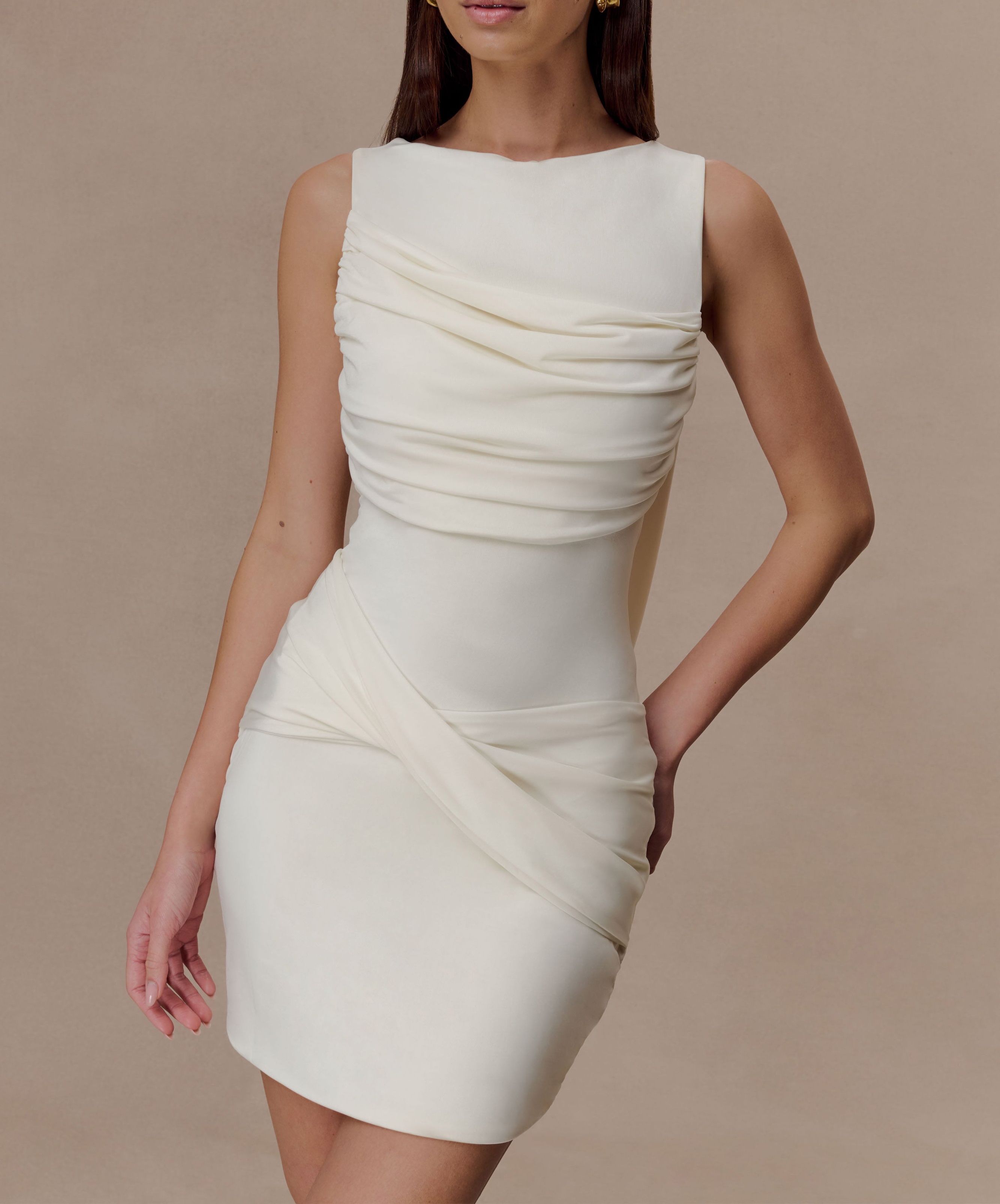 Ivory Slinky Drape Mini Dress