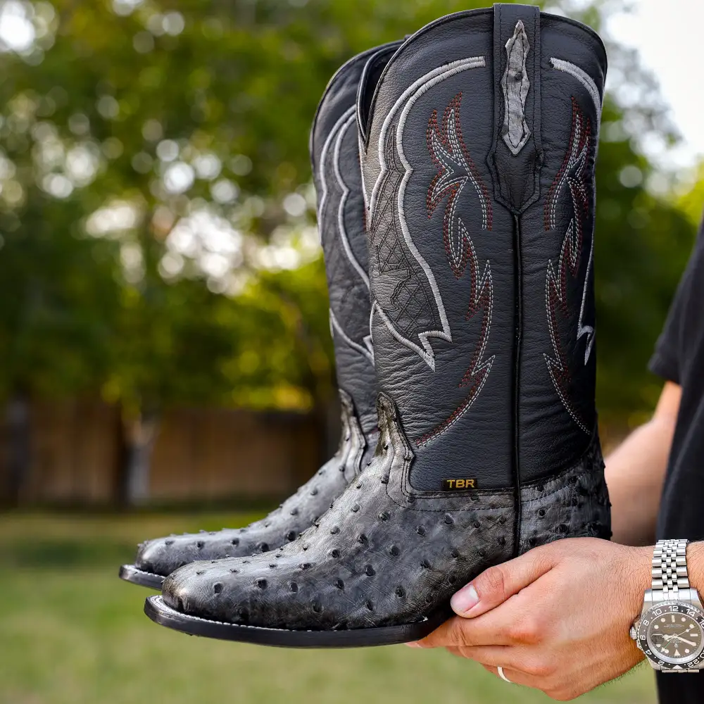 Grey Ostrich Leather Boots - Square Toe