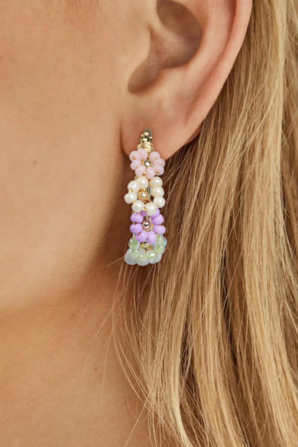 Gold Beaded Flower Hoop Alloy Earrings