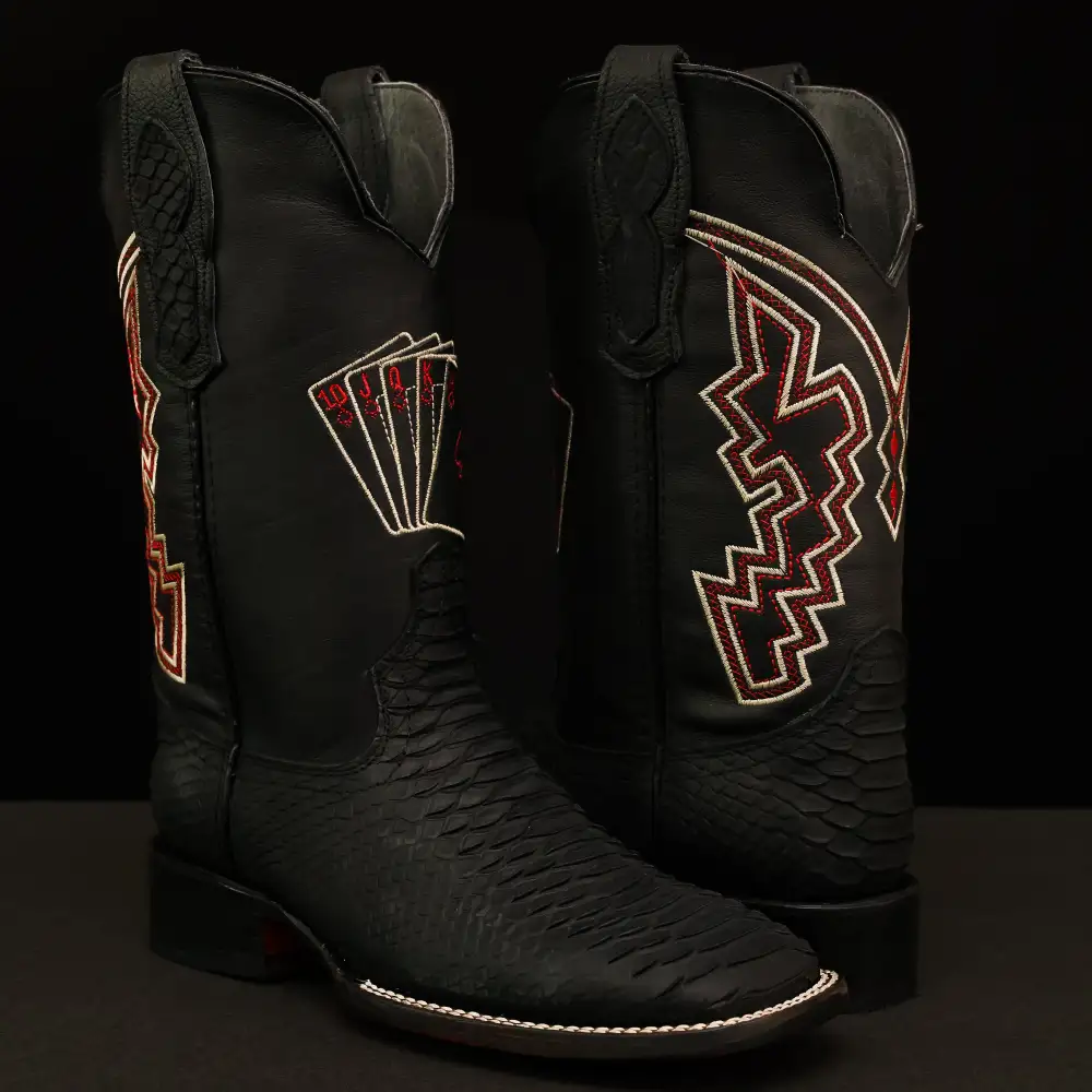 “Royal Flush” Matte Black Python Leather Boots - Square Toe