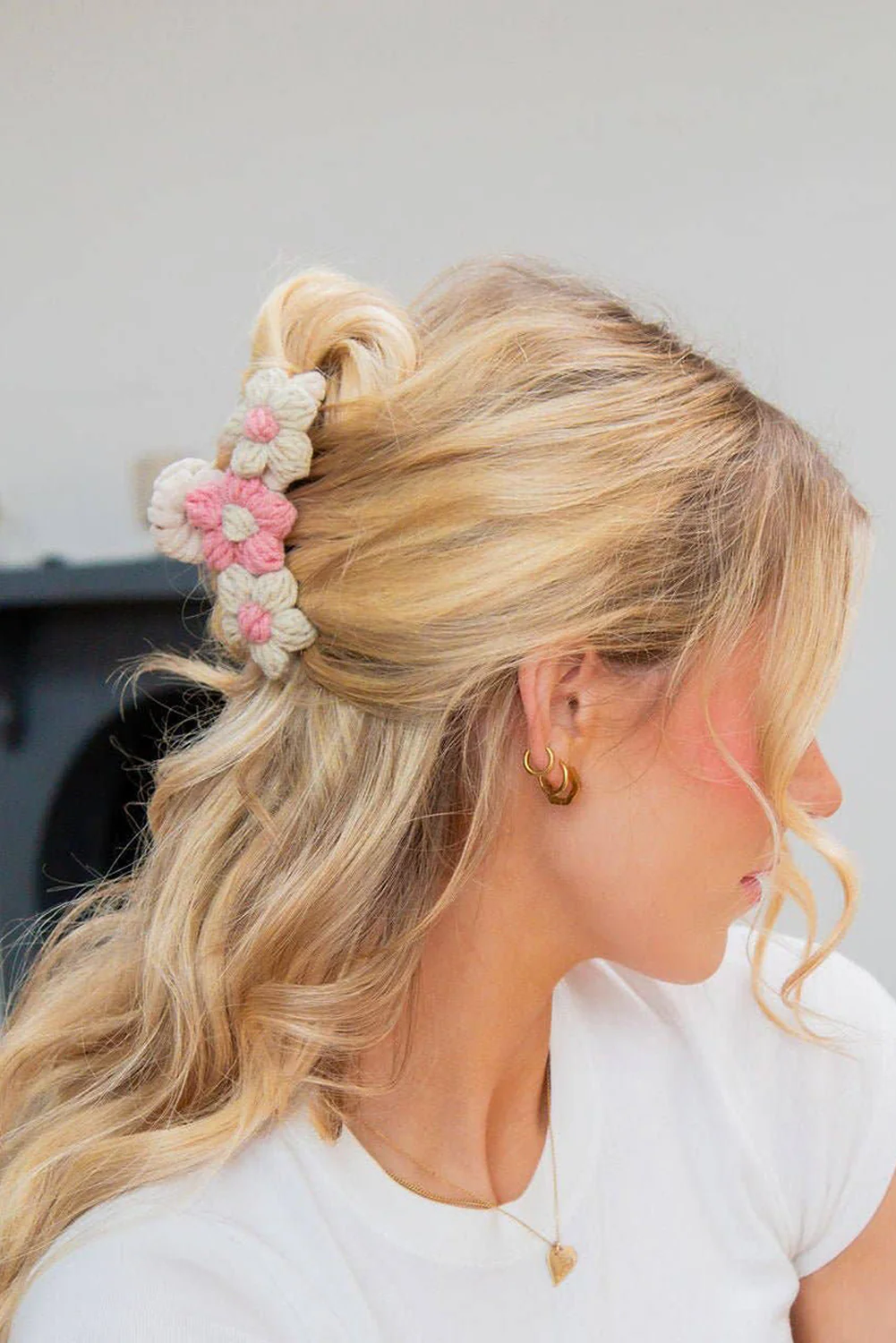 Pink Flower Crochet Cover Large Hair Claw Clip