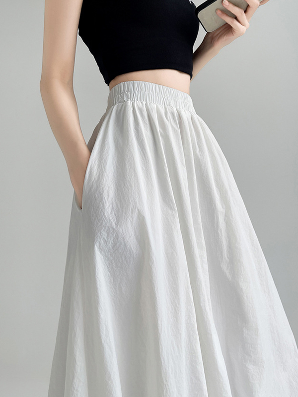 Elasticity Pleated Pockets Solid Color A-Line Loose Skirts Bottoms