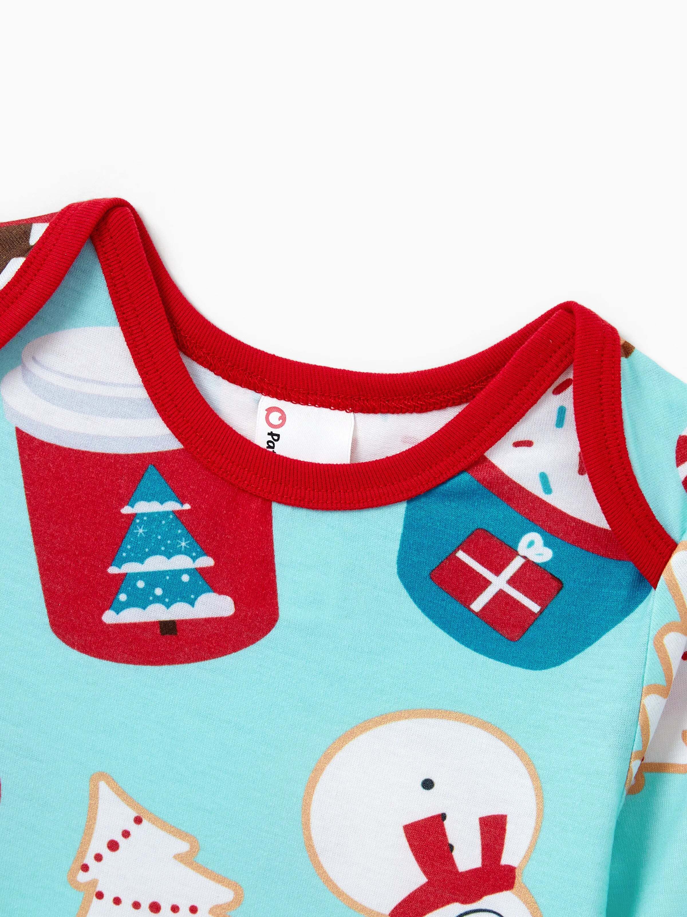 Christmas Matching Family Pajamas Set Gingerbread Print Blue and Red PJS with Christmas Socks Light Blue