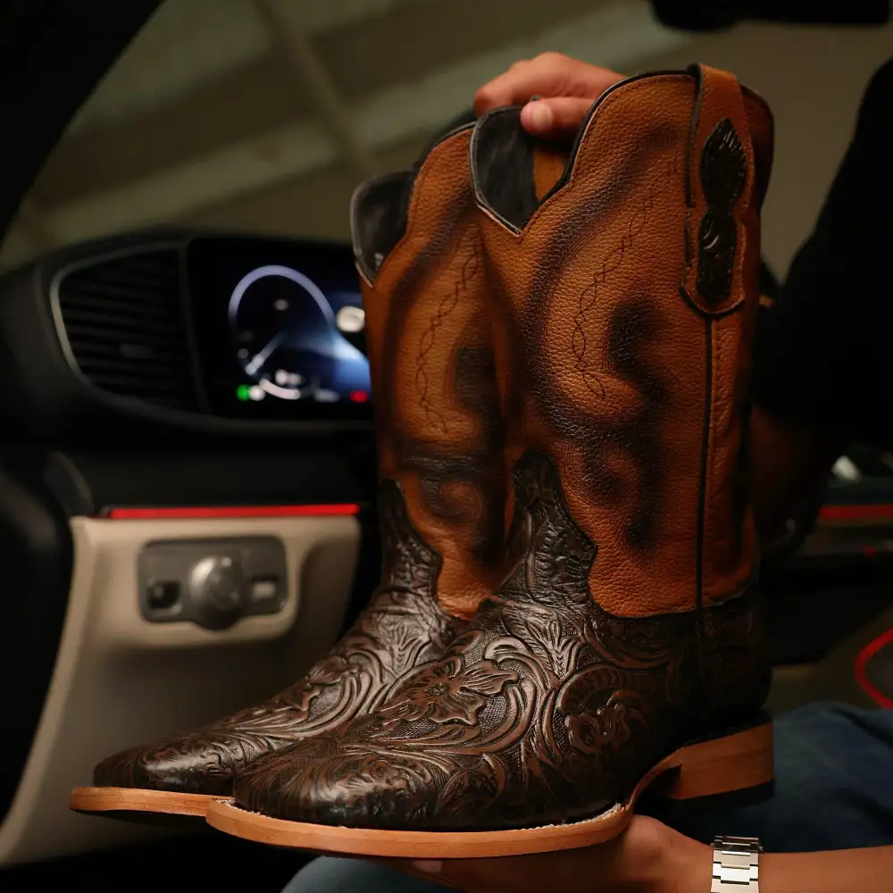 Chocolate Brown Hand-Tooled Leather Boots — Square Toe