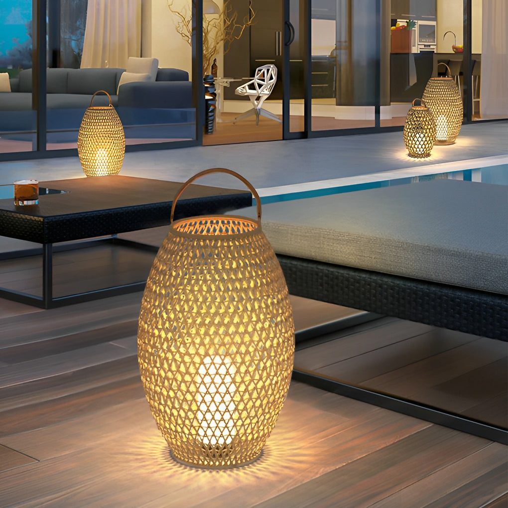 Portable Bamboo Rattan Lanterns Shape Waterproof LED Modern Lawn Light