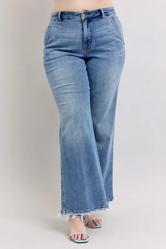 Blue Full Size Raw Hem Wide Leg Jeans Plus Size