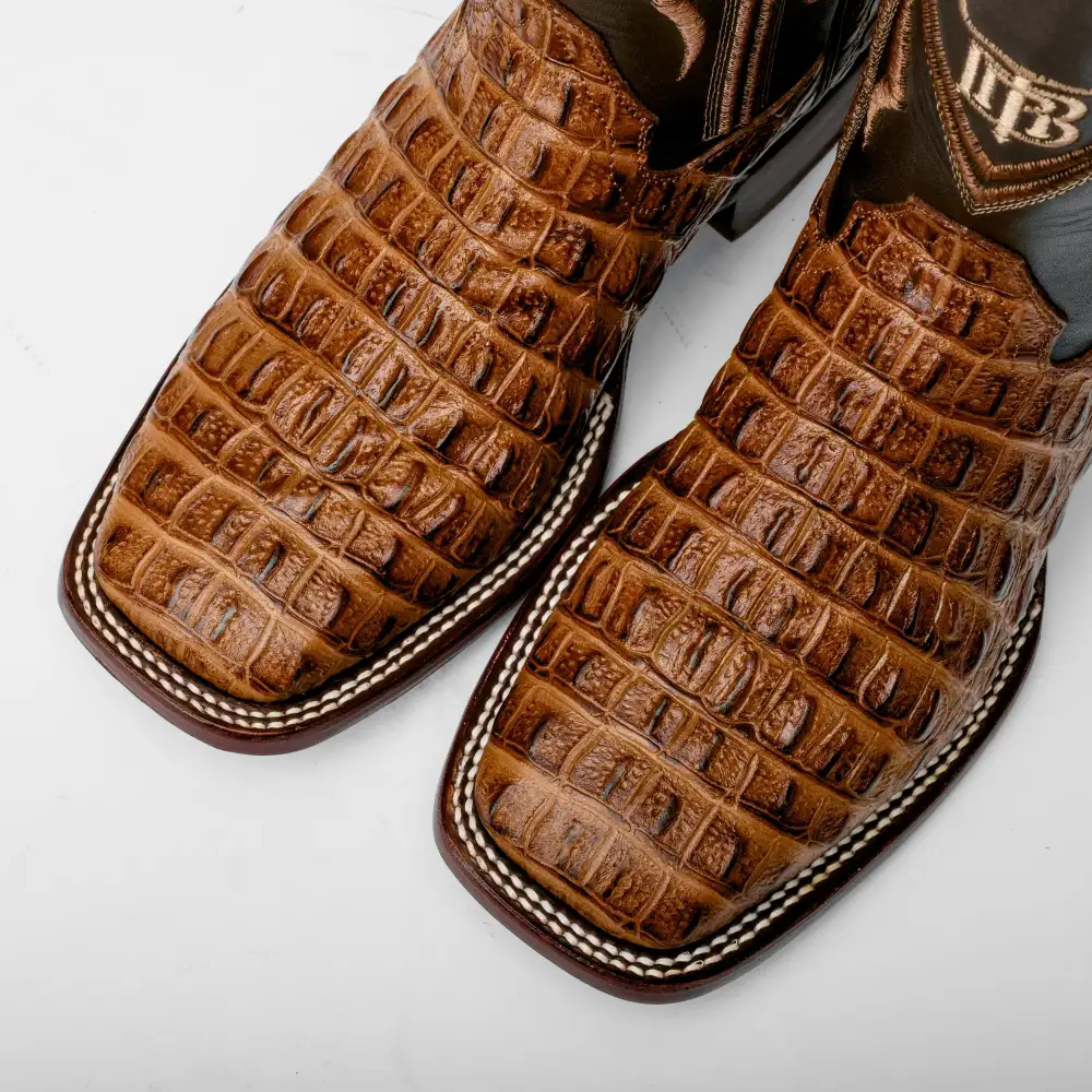 Honey Caiman Hornback Leather Boots - Square Toe