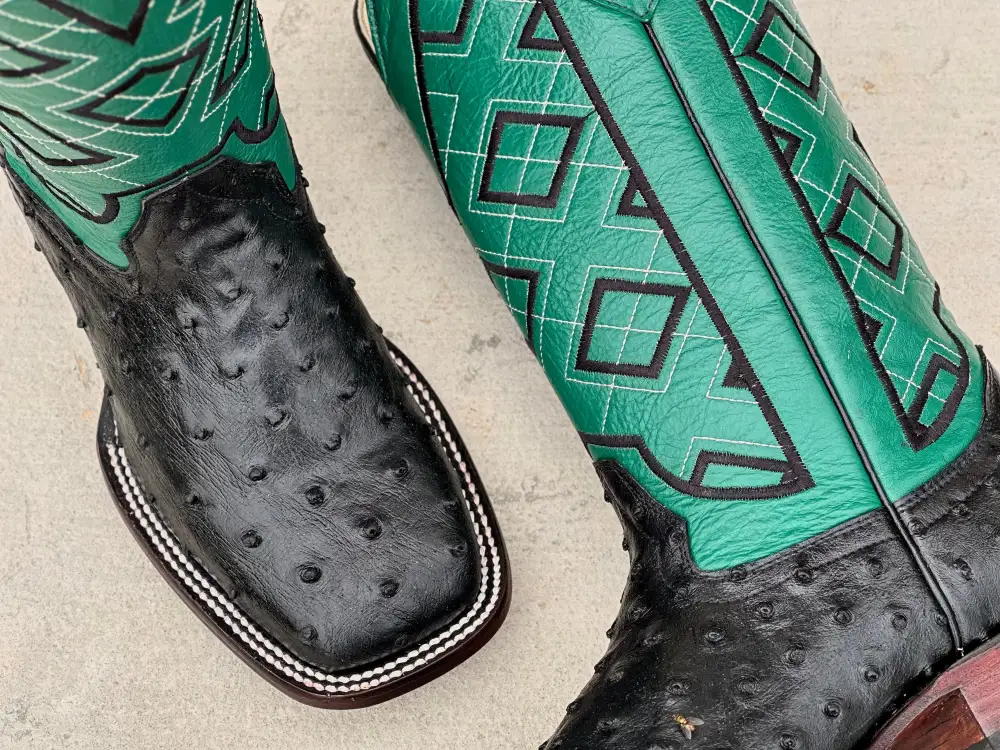 Men’s Black Ostrich Leather Boots With Green Shaft