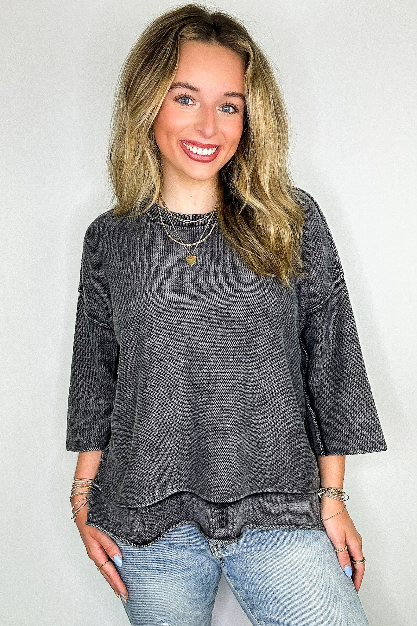 Cozy Fade Washed 3/4 Sleeve Relaxed Sweater