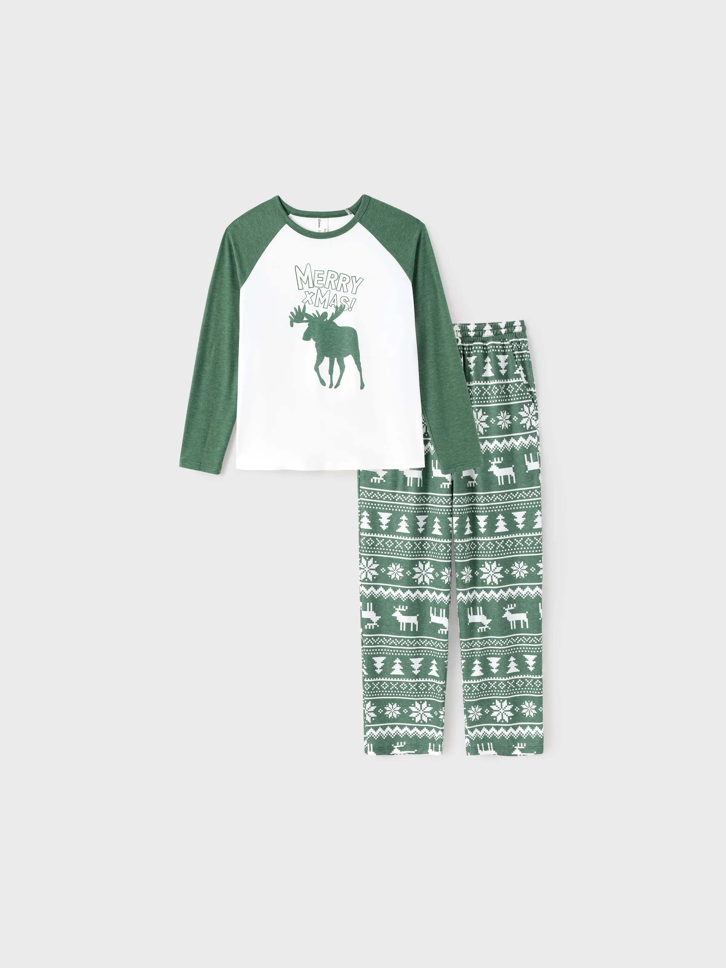 Christmas Matching Family Pajamas Set Reindeer and Snowflake Green Print PJS with Christmas Socks Dark Green