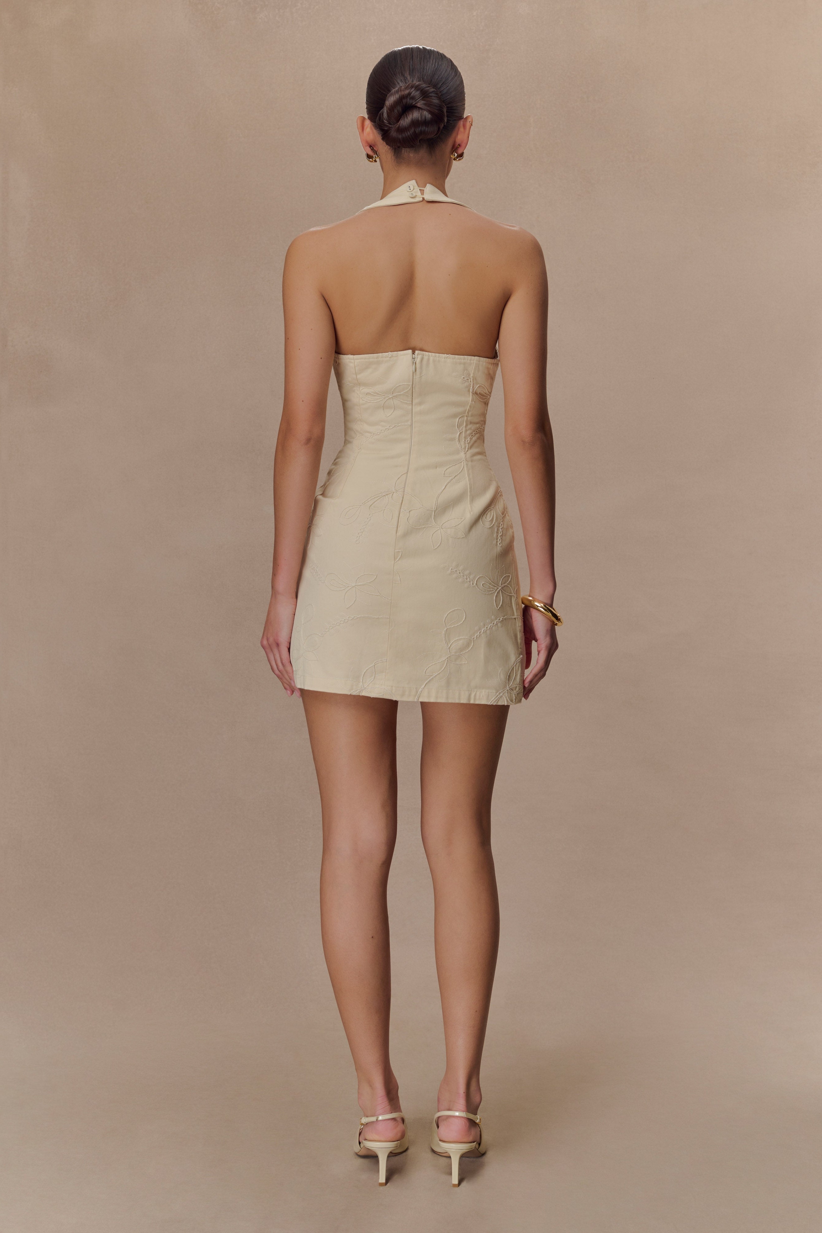 Cream Embroidered Denim Mini Dress