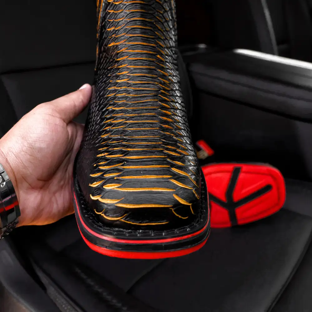 Black & Yellow Python Leather Botin With 3D Lightweight Soles - Square Toe