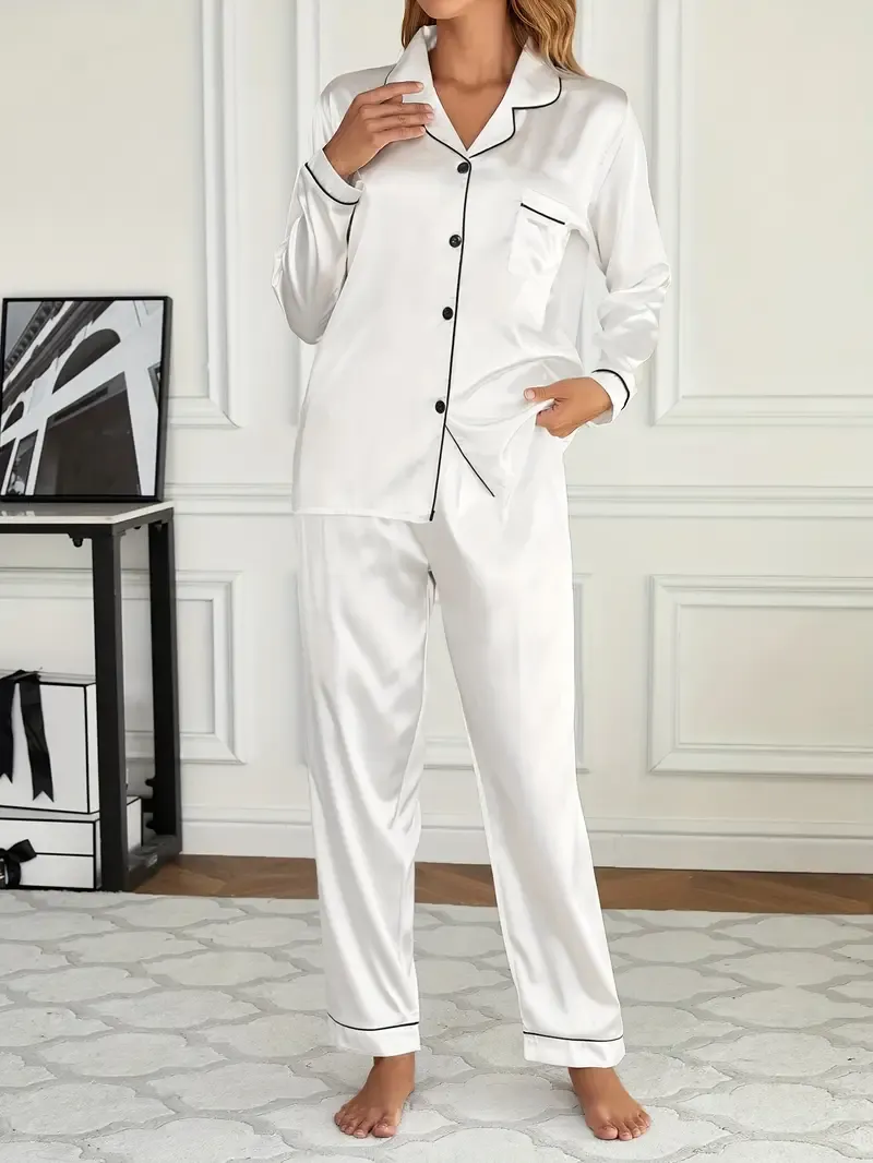 Solid Pajama Set, Long Sleeve Button Up Lapel Top & Pants Pj Set - Women's Sleepwear & Loungewear