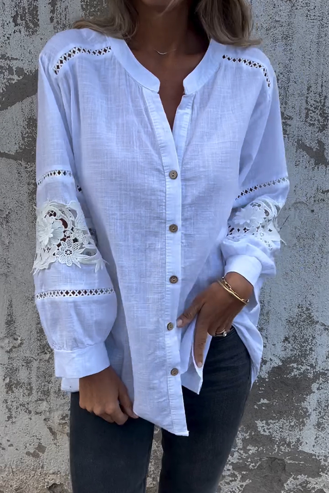 Women's Cotton And Linen Hollow Flower Pattern Shirt