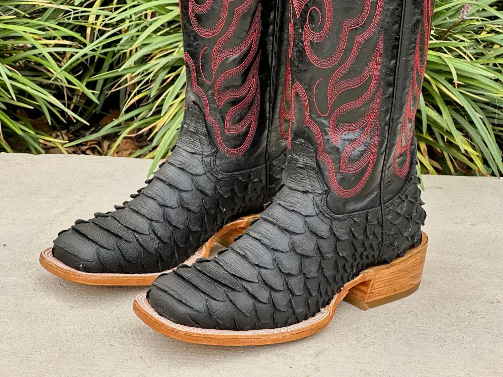 Mens Black Matte Python Leather Boots With Black Shaft