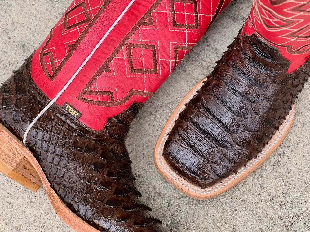 Men’s Brown Python Leather Boots With Red- Brown Embroidery Shaft