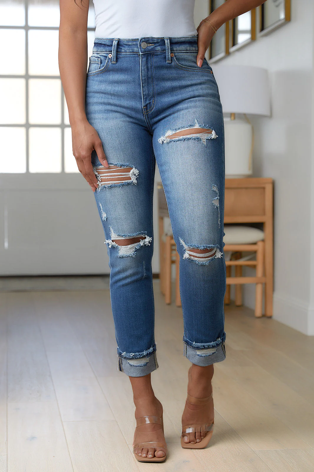 High Rise Distressed Straight Jeans