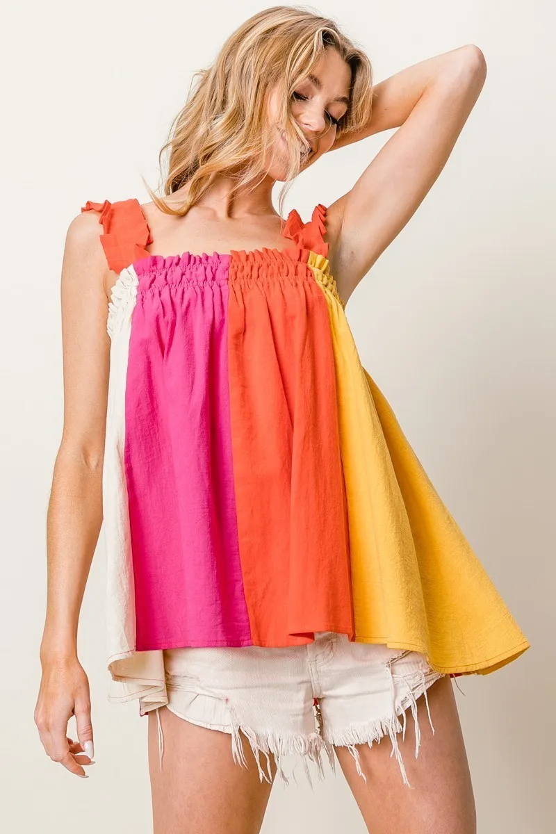 Frill Shoulder Strap Color Block Bodice Top