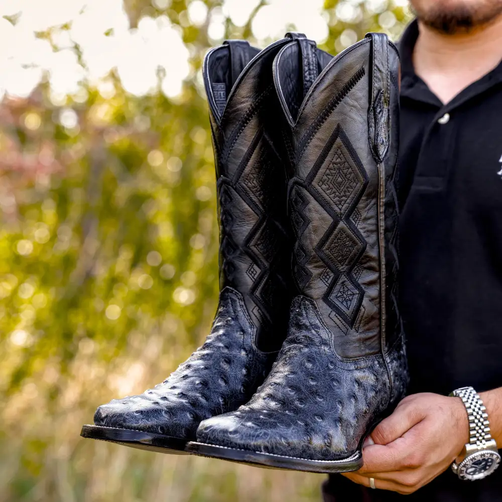 Grey Ostrich Leather Boots - Square Toe