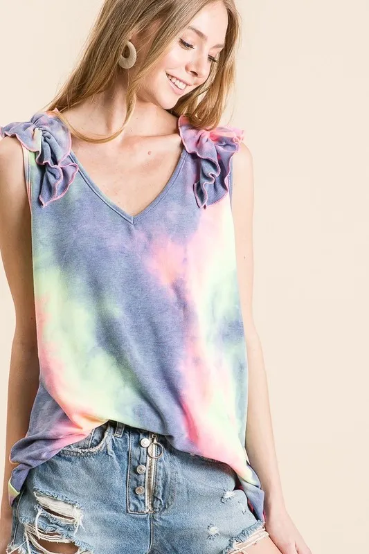 Tie Dye French Terry V Neck Top with Ruffle