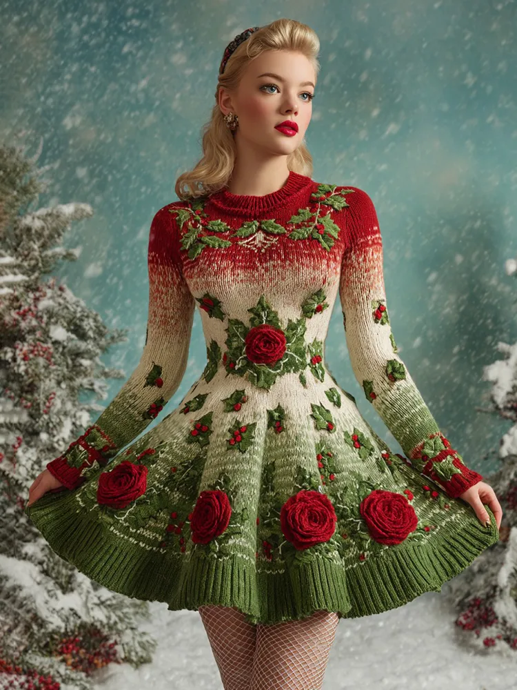 Women's Vintage Christmas Holly Leaves And Rose Gradient Knitted Midi Dress