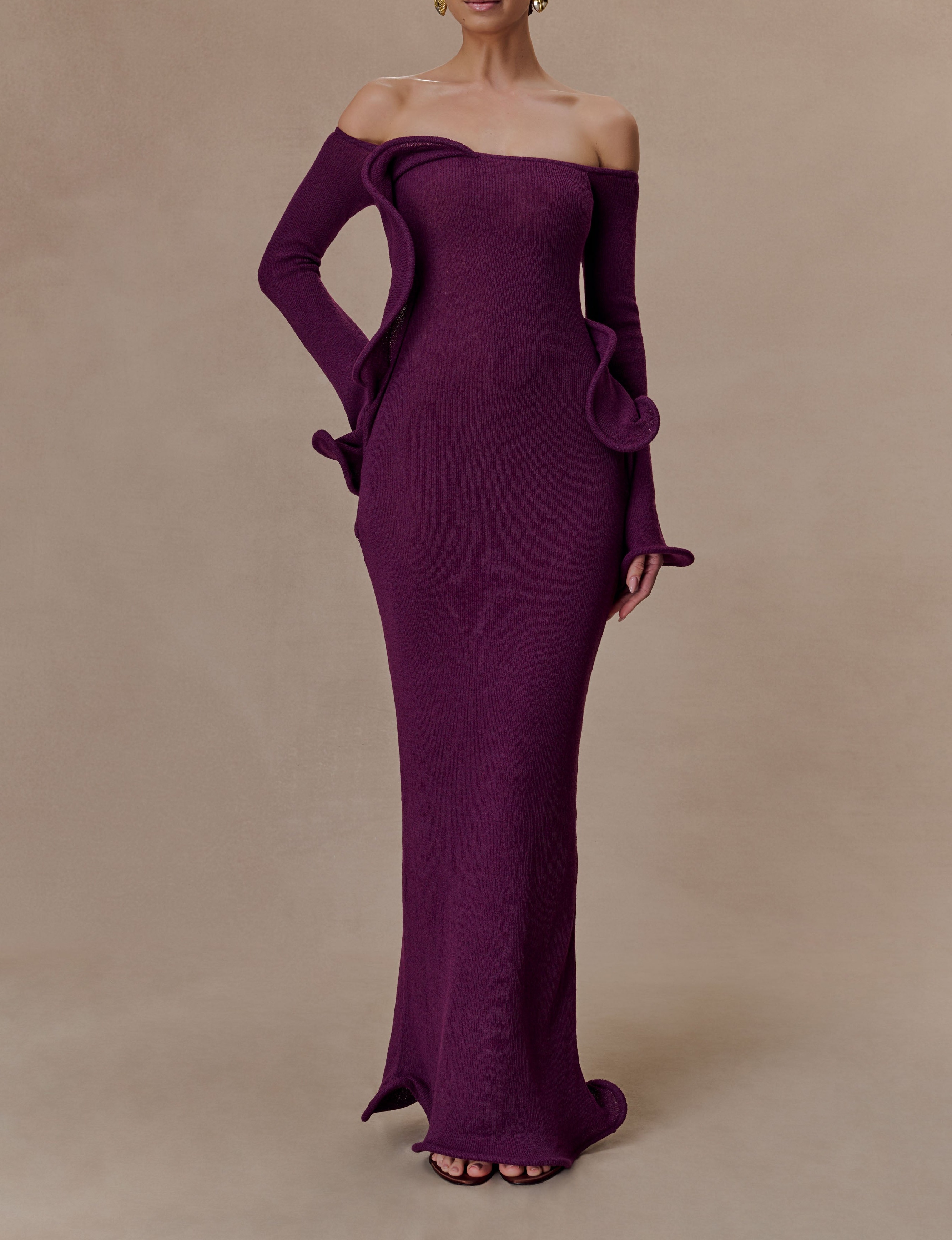 Plum Off Shoulder Knit Maxi Dress