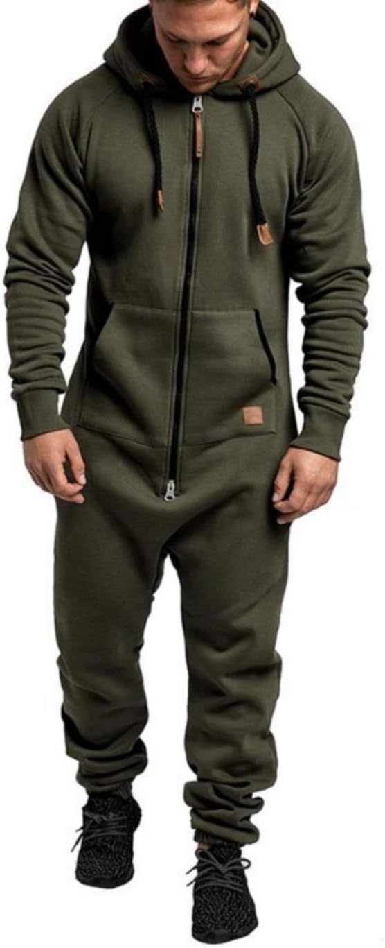 Mens Fleece Lined Hooded Jumpsuit Full Zip Up One Piece Pajamas Onesie Overalls Rompers Playsuit Jogging Sweatsuits
