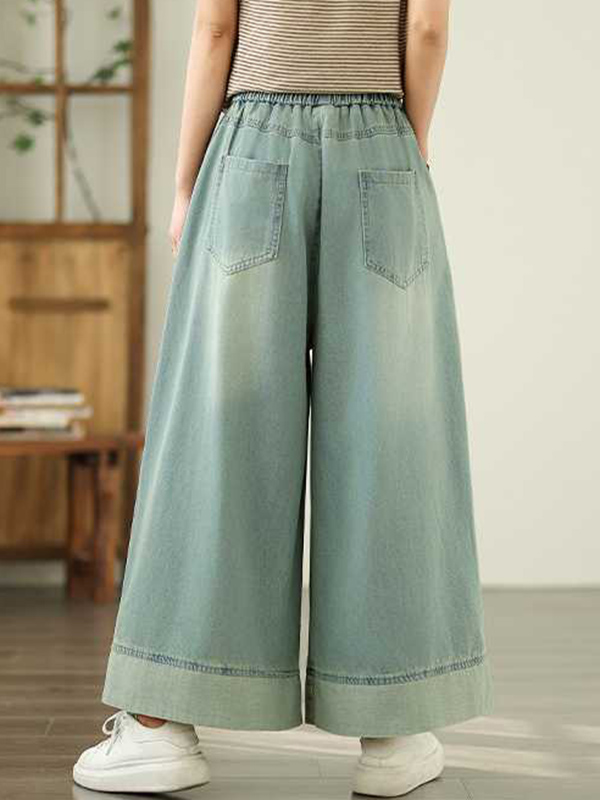 Elasticity Pleated Pockets Loose Wide Leg Trousers Jean Pants Bottoms