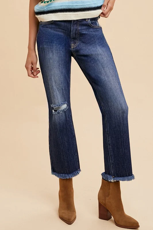 Wear Distressed Raw Hem Straight Leg Cropped Jeans