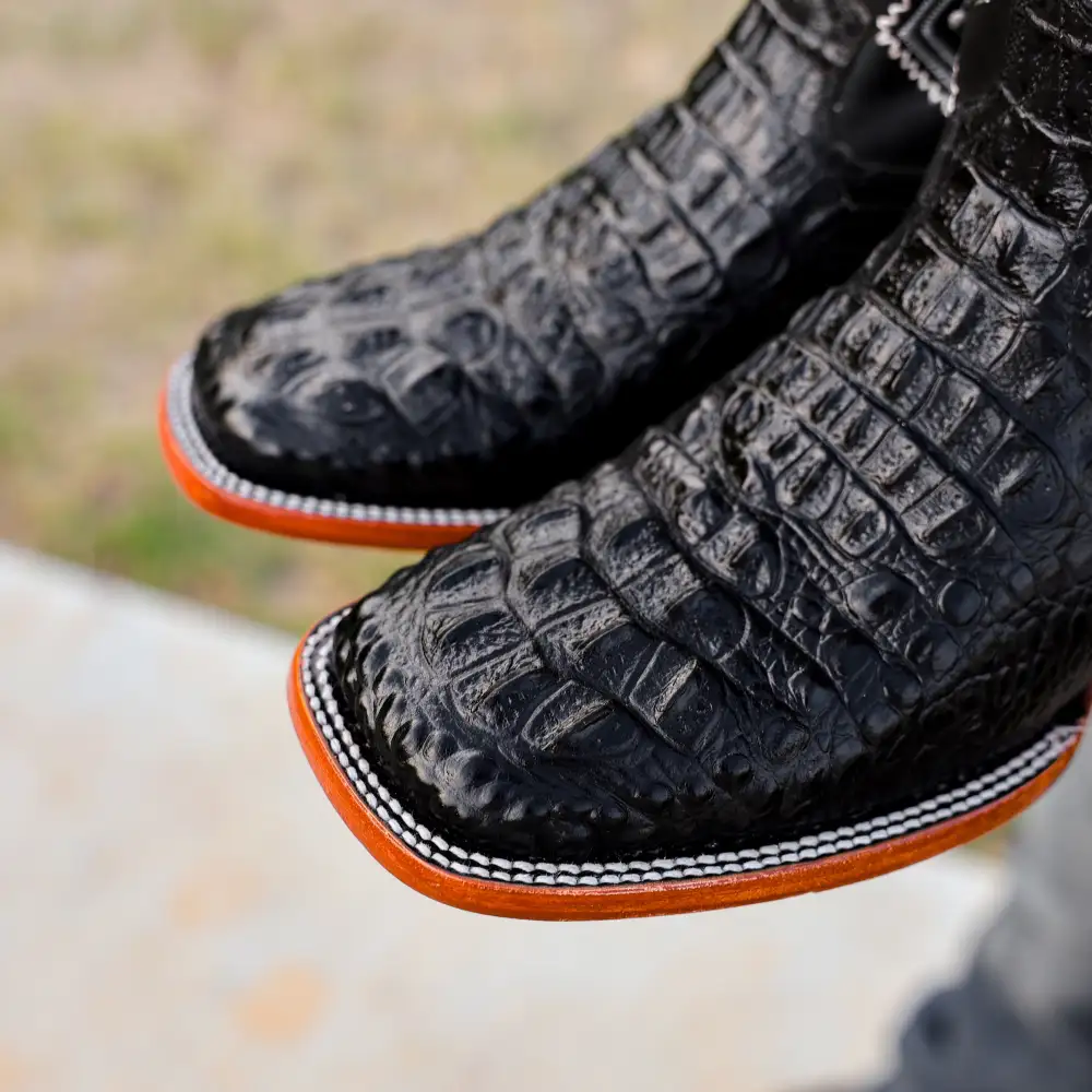 Black Caiman Neck Leather Boots - Square Toe