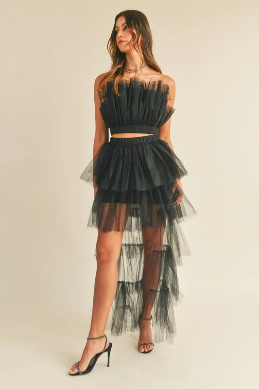 Tulle Tube Ruffle Crop Top and High Low Maxi Skirt Set