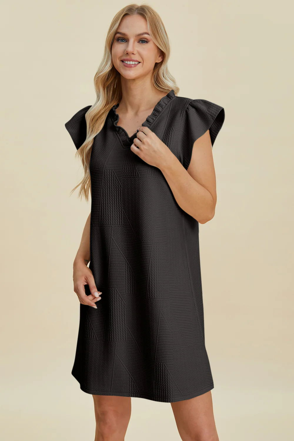Full Size Ruffled V-Neck Cap Sleeve Dress