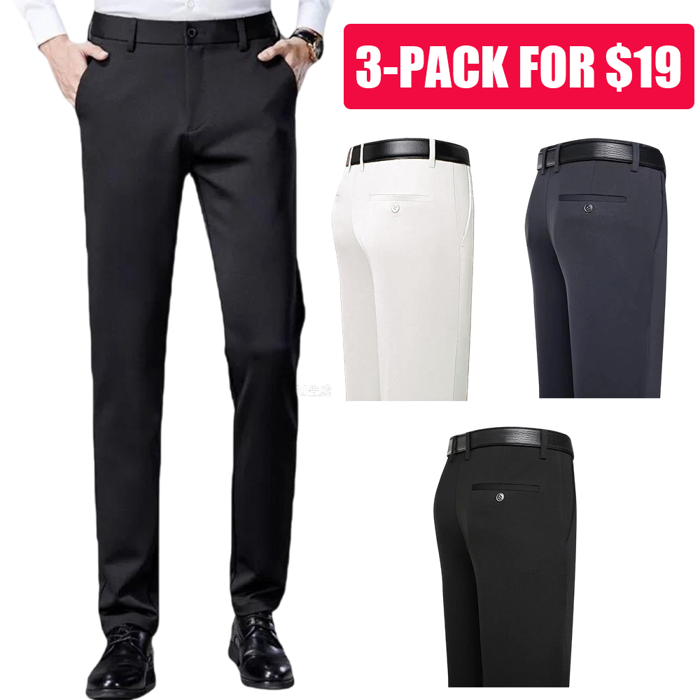 Men's Business Casual Trousers Formal Dress Straight Pants Elastic Black Navy Blue Plain Menswear Gamis