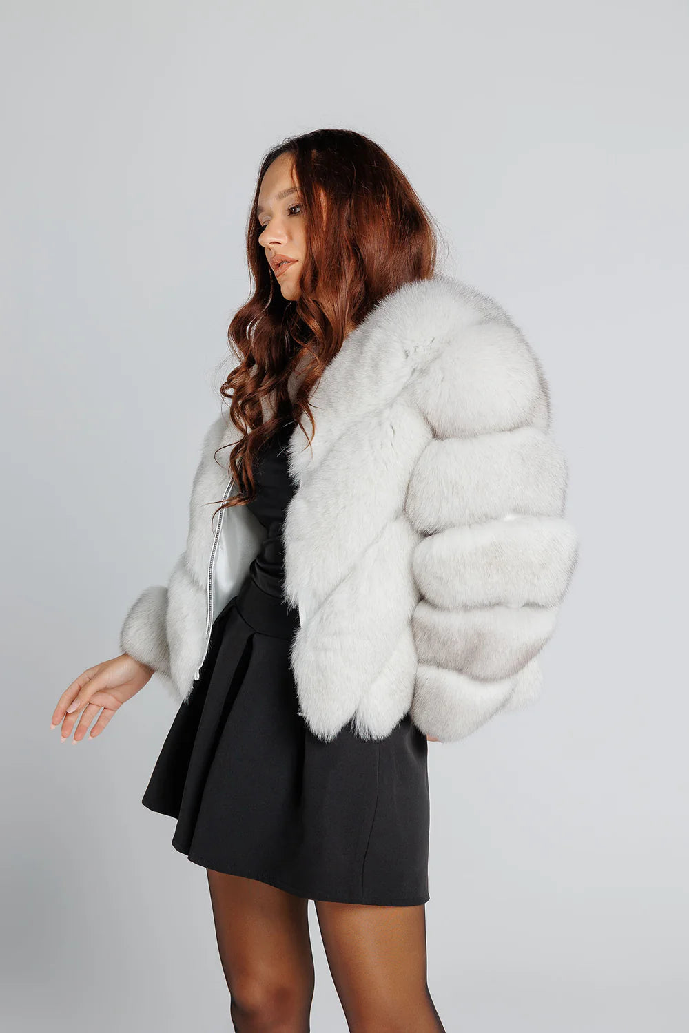 Haină din Blană Naturală de Vulpe, V Model, Transformabilă, Femei, Natural White 352