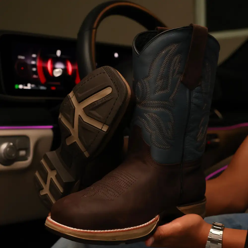 Chocolate Brown Leather Work Boots With Blue Shaft - Square Toe