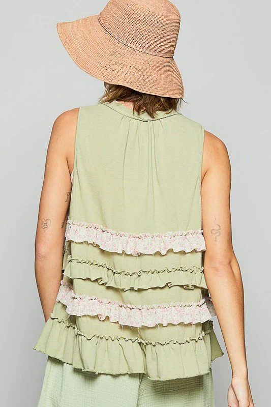 Ruffled Open Front Sleeveless Cardigan