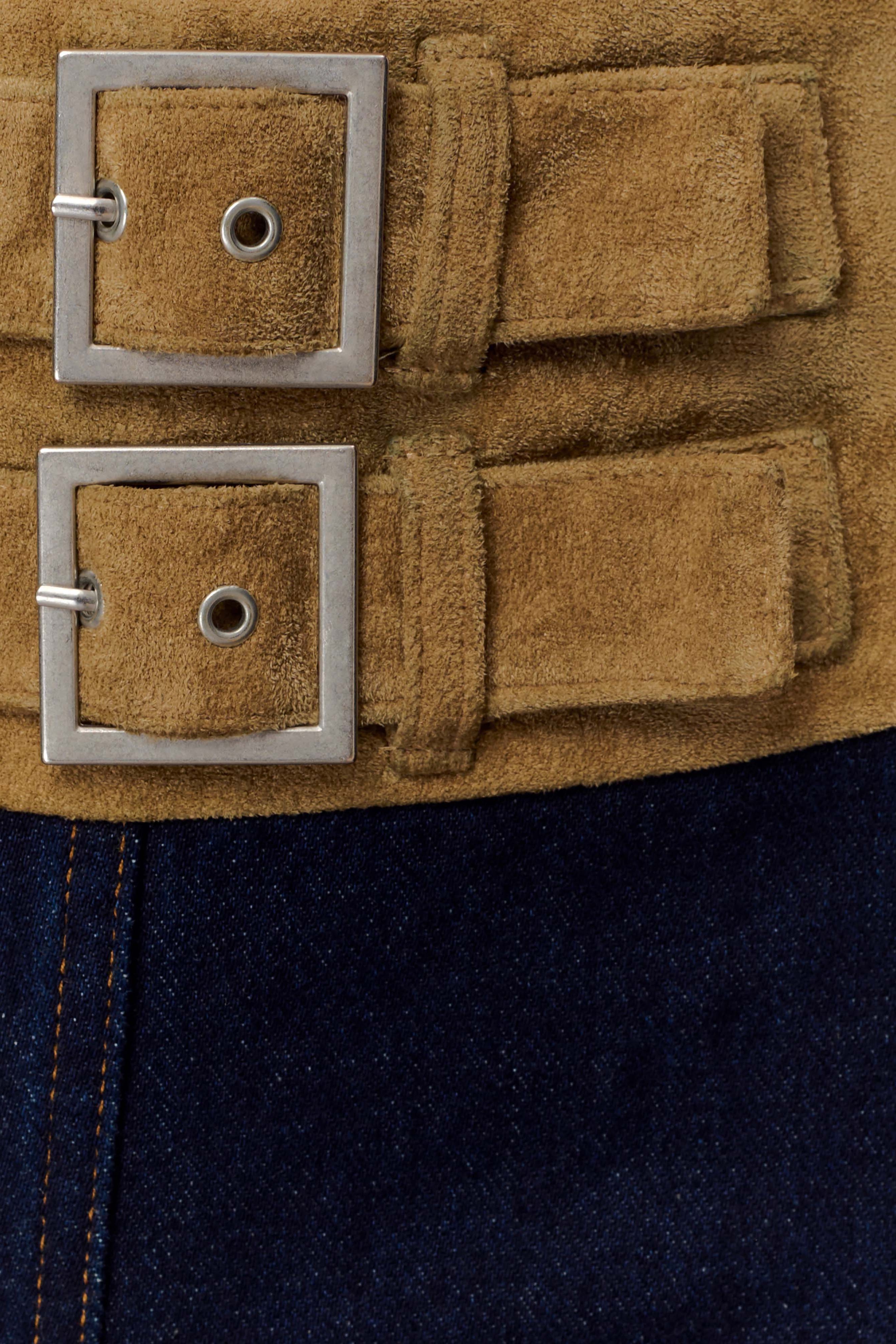 Blue Faux Suede Belted Denim Wide Leg Jeans