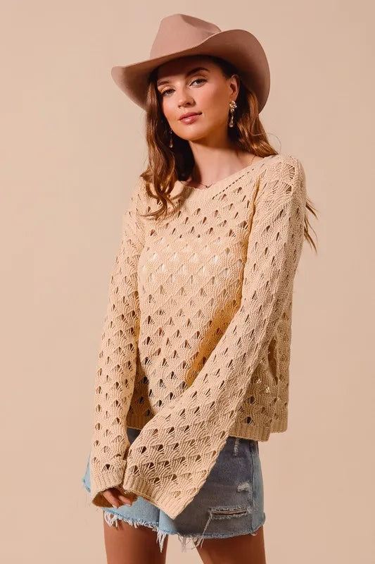 Geometric Pattern Open Knit Lightweight Sweater