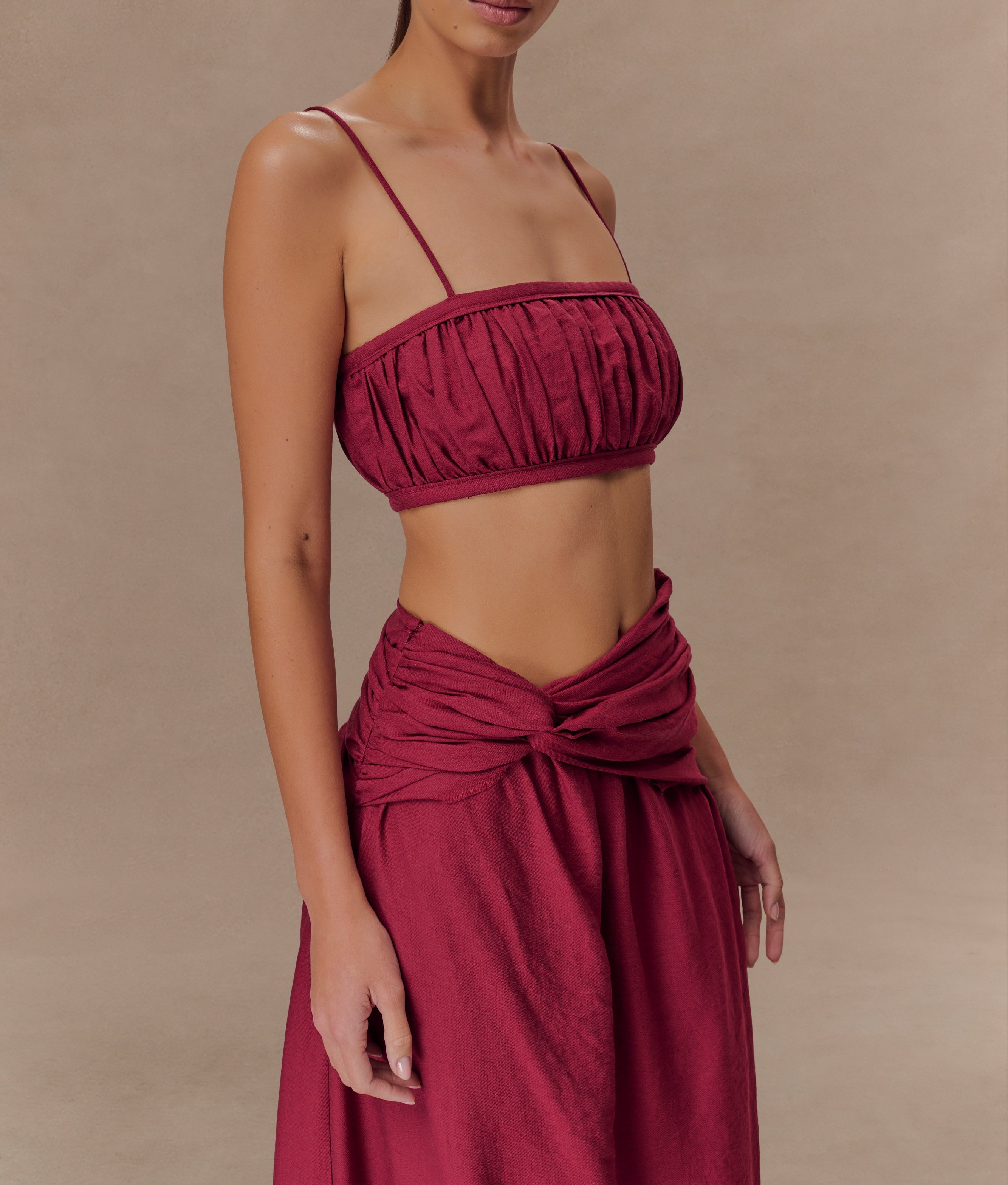 Wine Shirred Linen Bandeau
