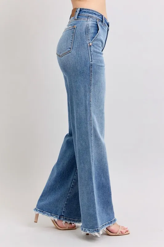 Blue Full Size Raw Hem Wide Leg Jeans Plus Size