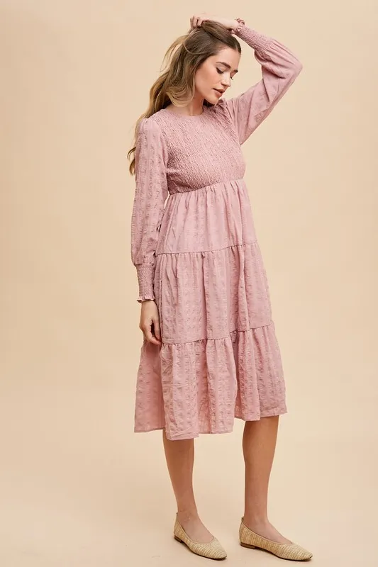 Wear Textured Smocking Bodice Tiered Midi Dress