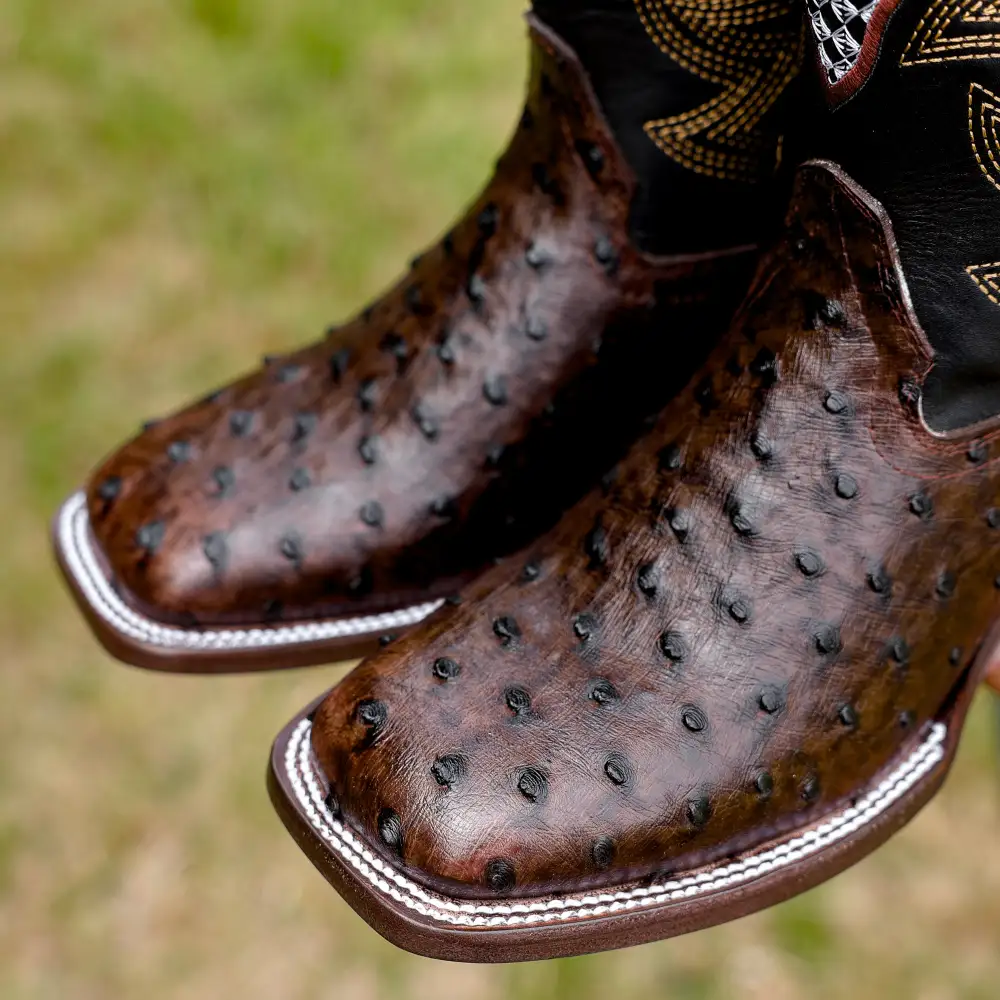 Chocolate Brown Ostrich Leather Boots - Square Toe