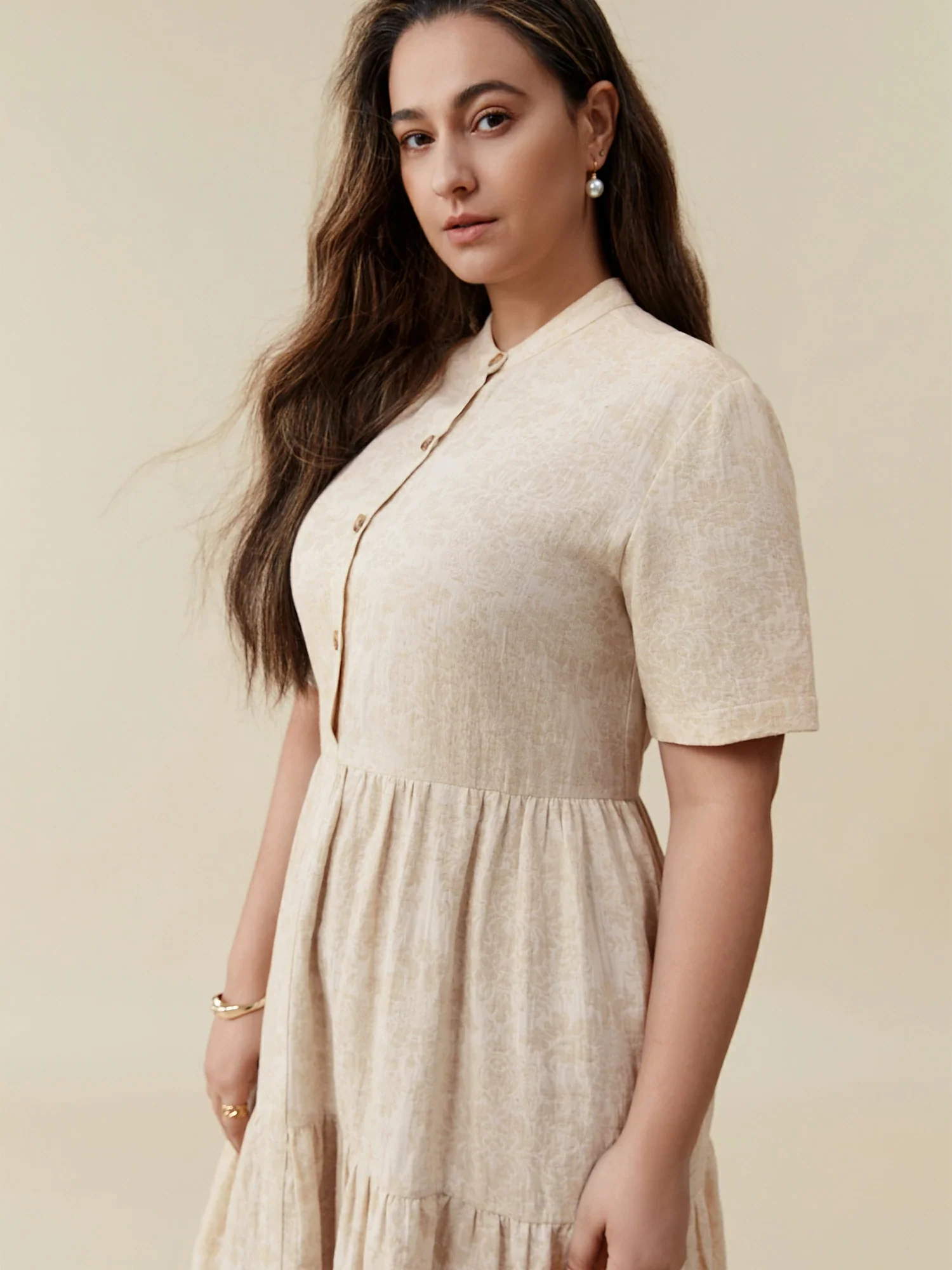 Cotton & Linen Stand Collar Short Sleeve Loose Ruffle Dress