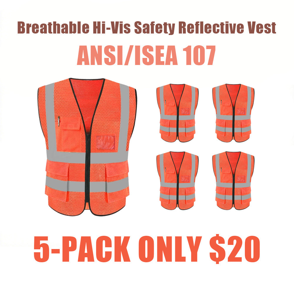 Breathable Hi-Vis Mesh Safety Vest with Zipper & Pockets, Meets ANSI/ISEA Standards