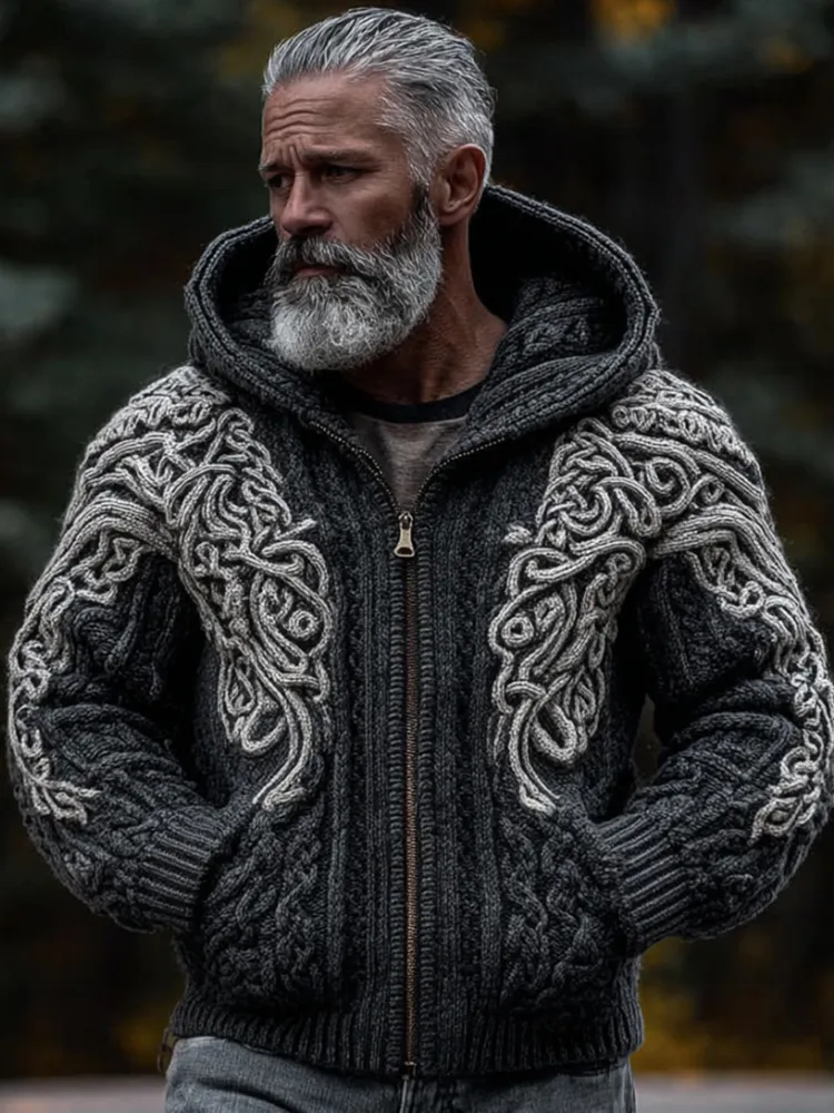 Men's Viking Style Contrasting Thick Needle Hooded Cardigan Sweater