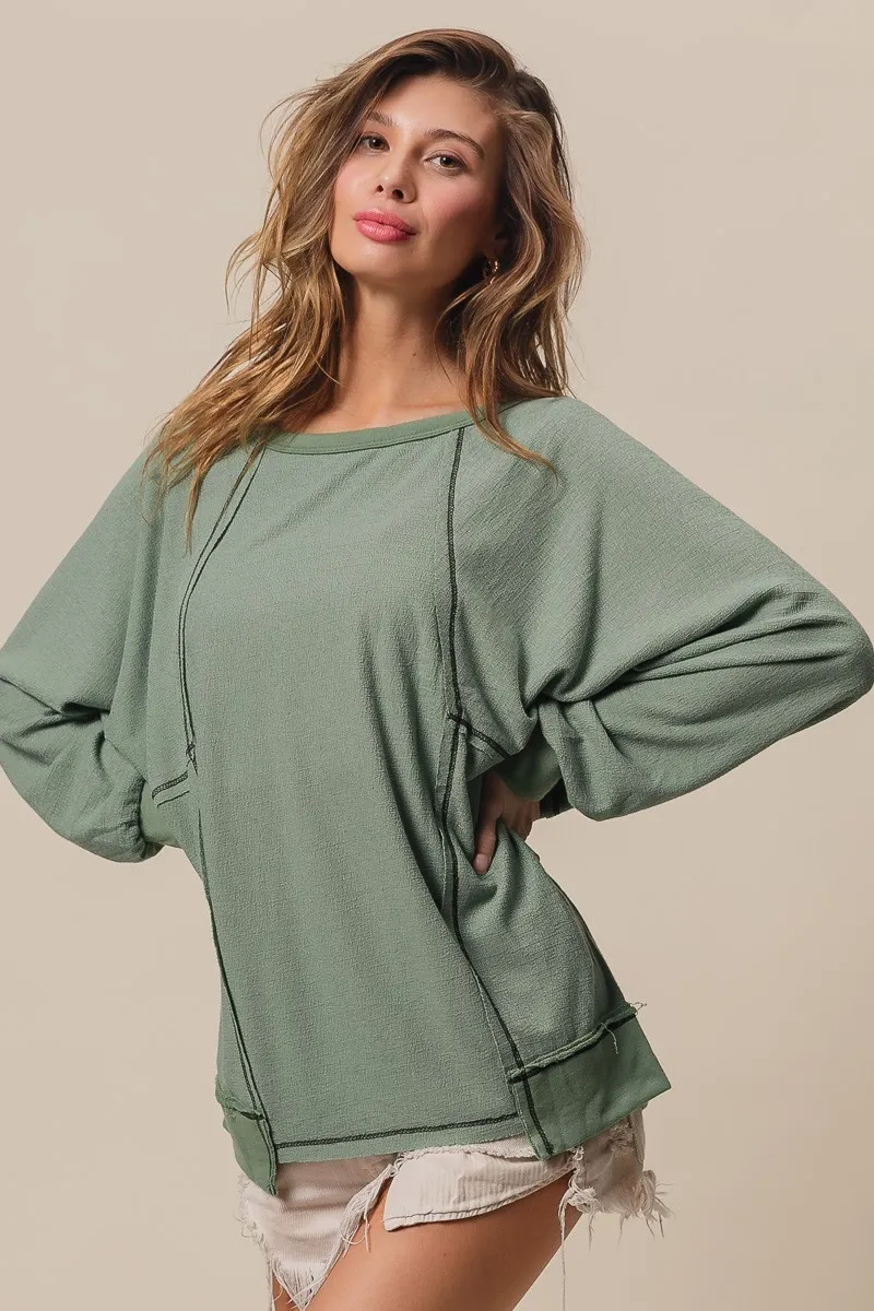 Cross Hatch Knit Uneven Hem Cont Lslv Top