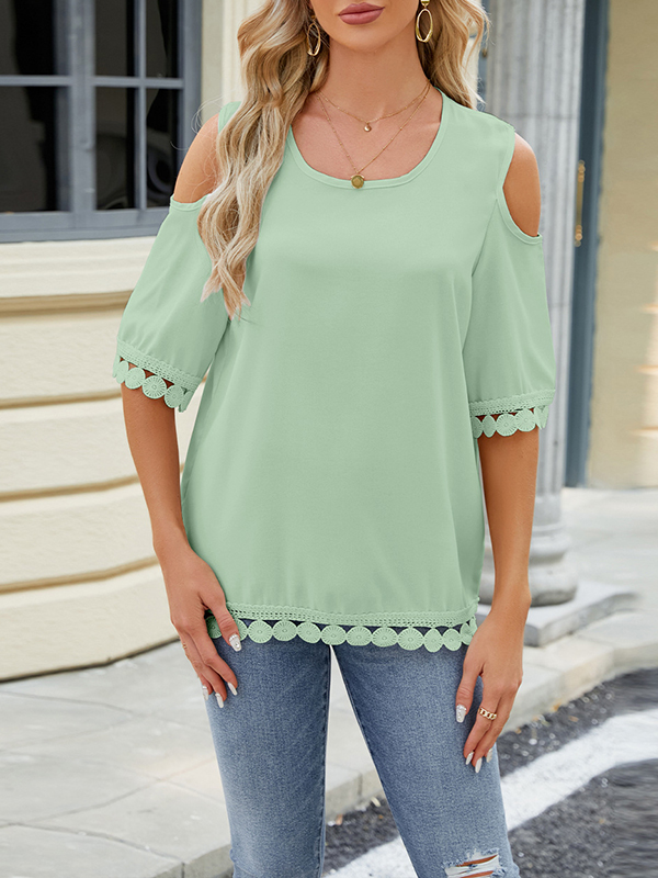 Solid Color Split-Joint Tasseled Loose Short Sleeves Cold Shoulder T-Shirts Tops