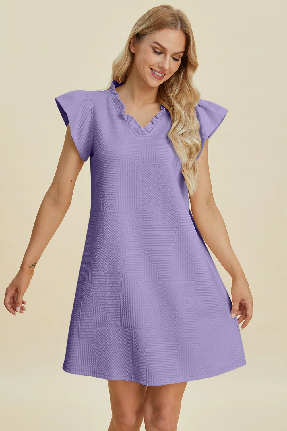 Full Size Ruffled V-Neck Cap Sleeve Dress