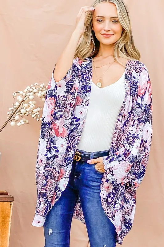 And The Why Floral Print Dolman Sleeve Kimono Cardigan