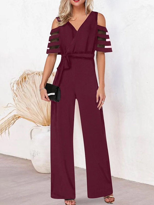 Hollow Mesh Solid Color Tied Waist High Waisted Loose V-Neck Jumpsuits